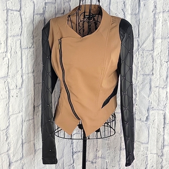 DOUBLE ZERO Lightweight Tan‎ and Black Beaded Crop Jacket Medium - Picture 1 of 7
